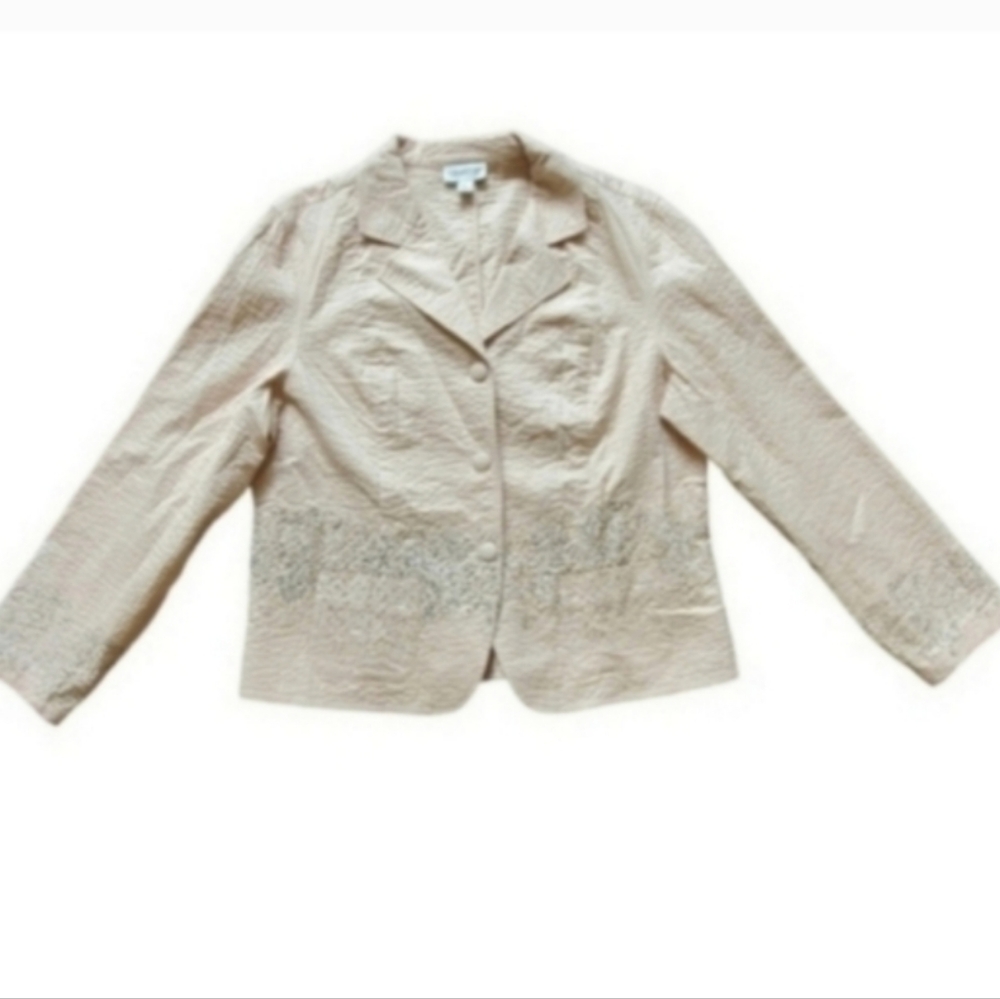 New Coldwater Creek Cotton Tan Eyelet Floral Stripe Brown Cream Coat Large - Picture 10 of 11